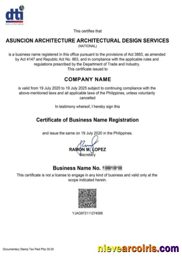 Philippines Certificate of Business Name Registration